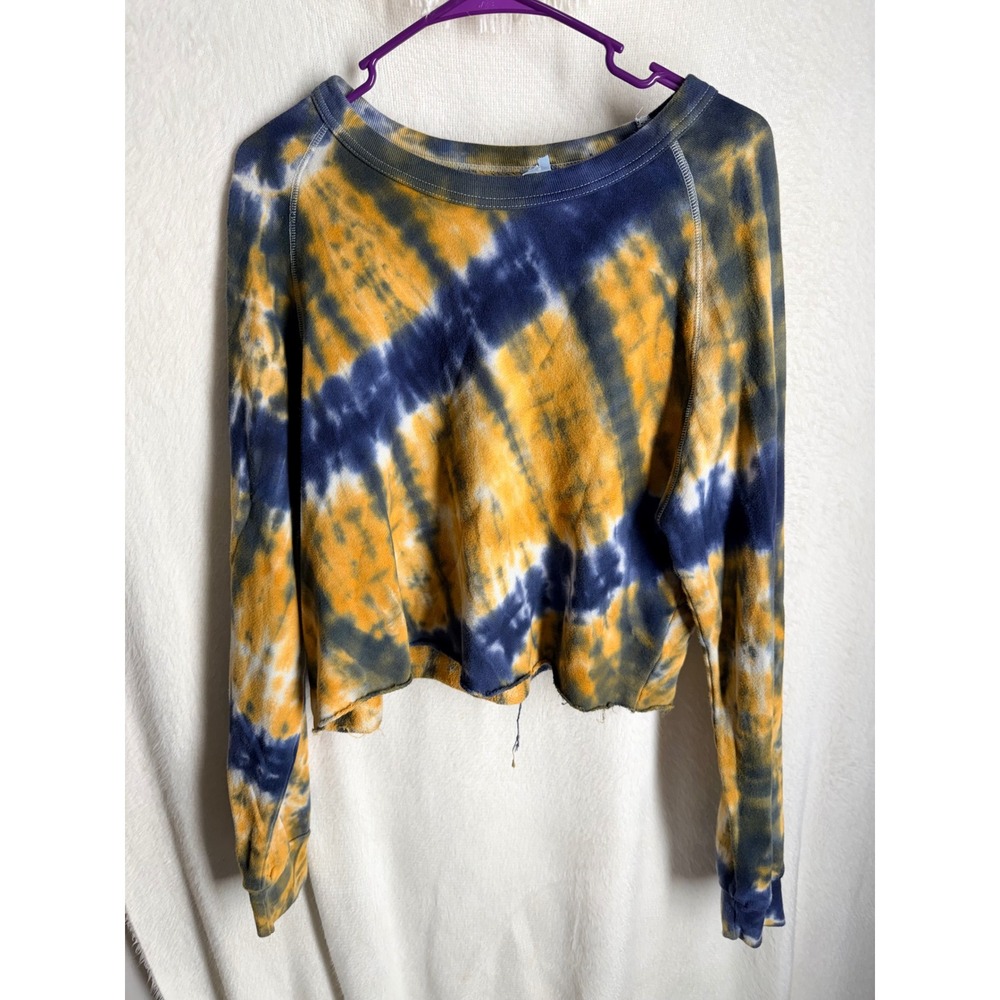 Alternative Apparel Tie Dye Cropped Sweatshirt Blue Yellow Raw Hem Medium